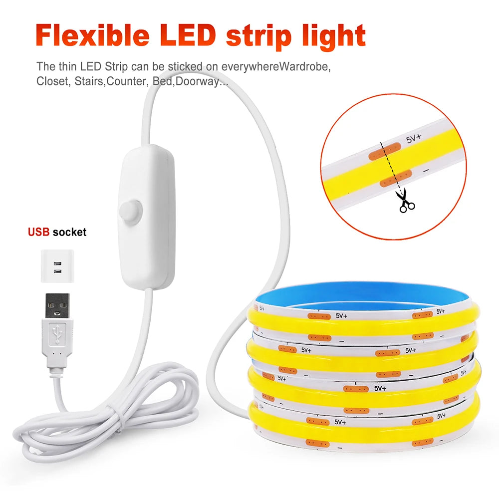 5V USB COB LED Strip Light 3Keys Touch Dimmable ON/OFF Switch