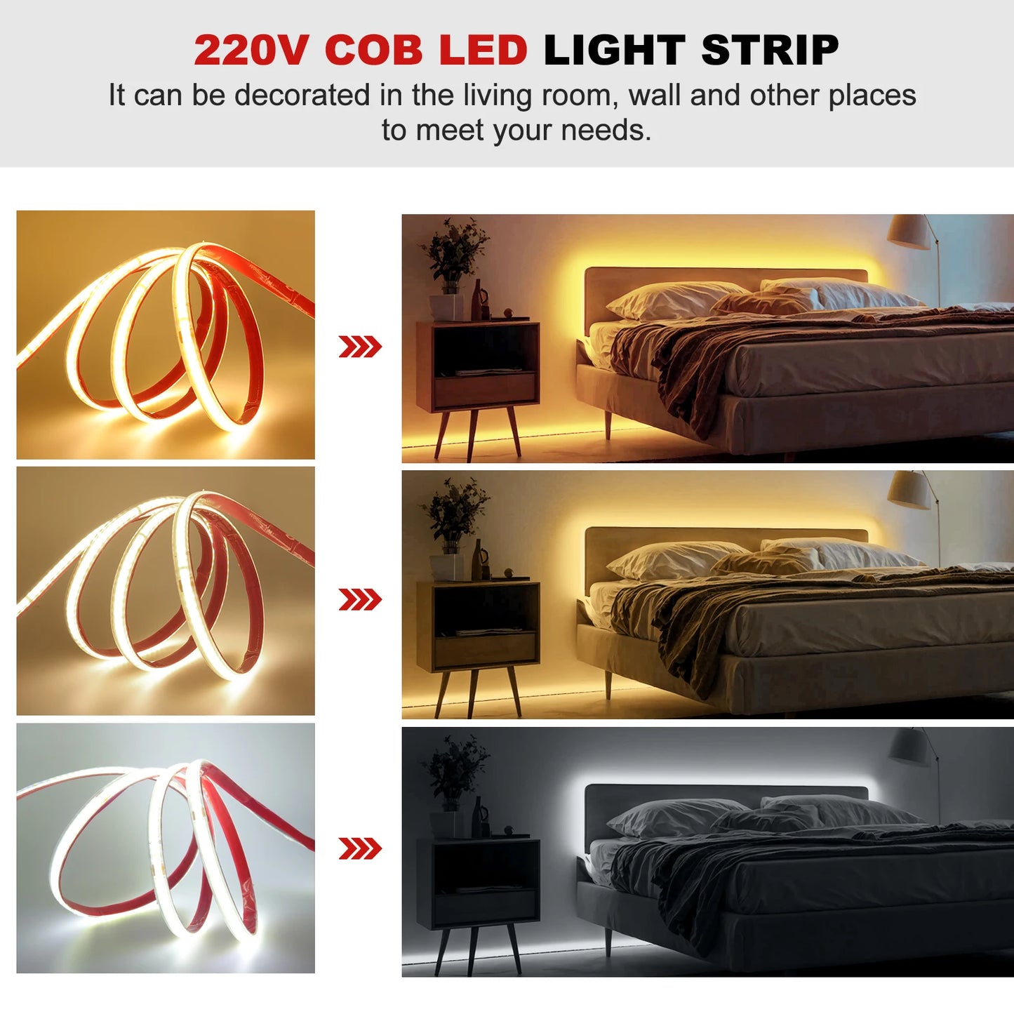 AC 230V COB Strip 240LEDs/M IP65 Waterproof Tape Adhesive
