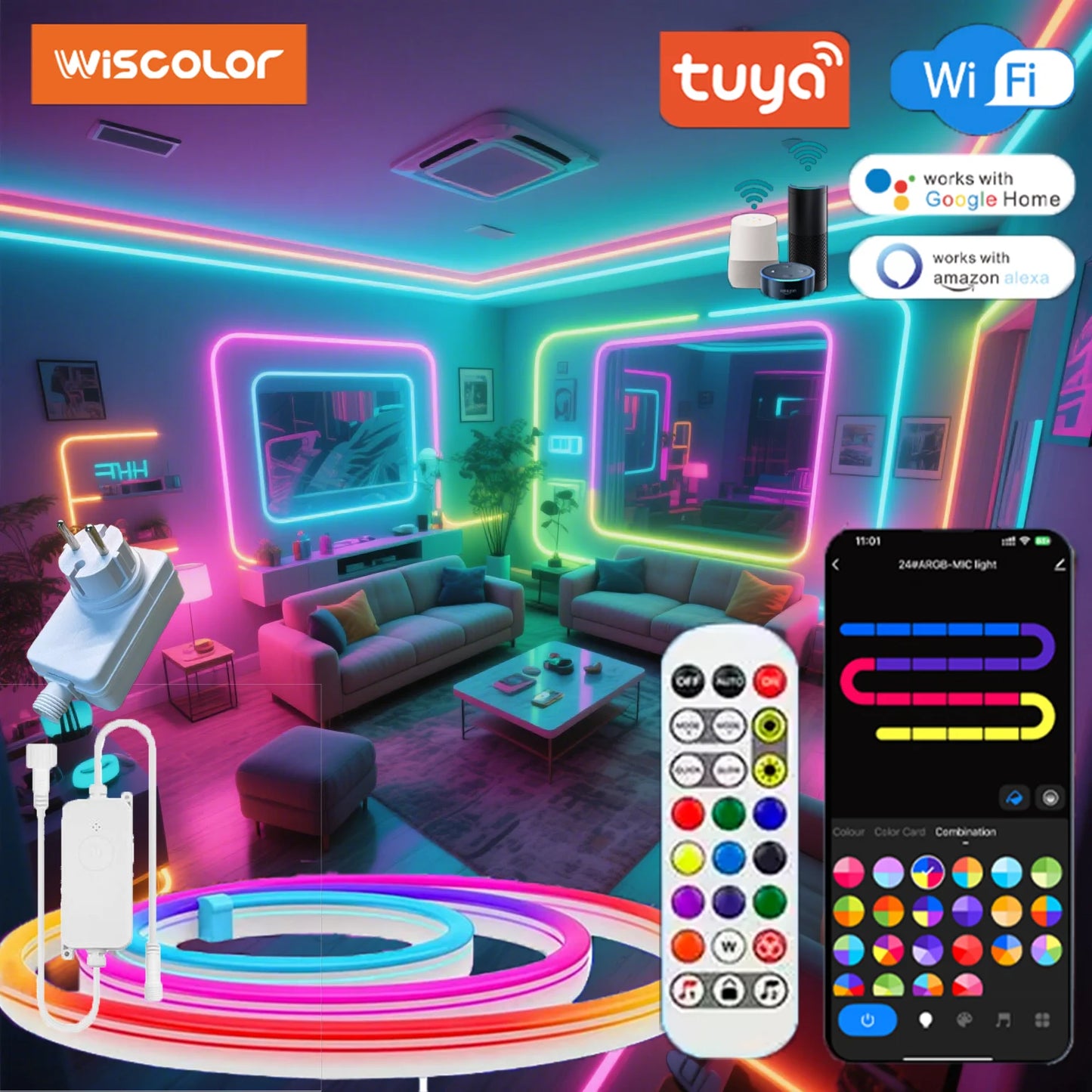 Tuya Wifi Plug RGBIC LED Neon Strip Lights Decoration Lighting