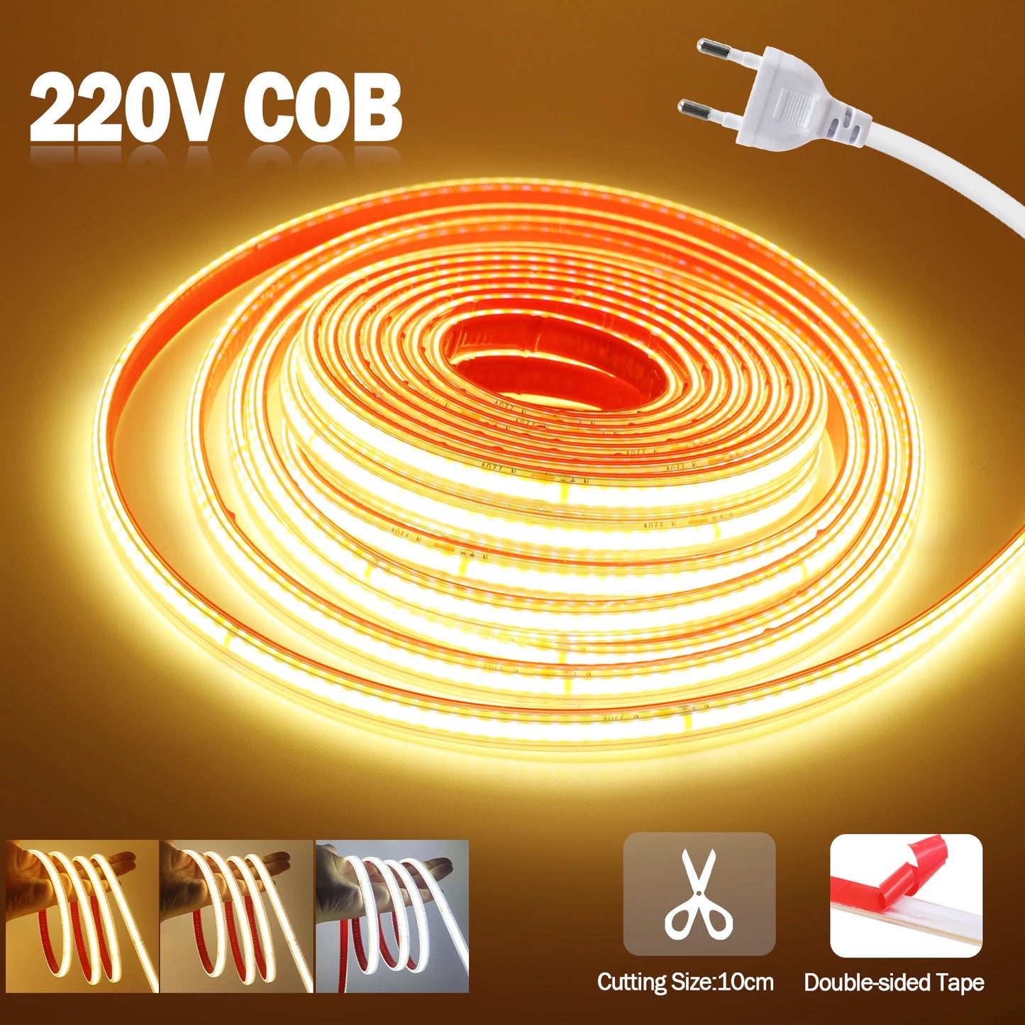 220V COB LED Strip IP65 Waterproof Flexible Tape Light