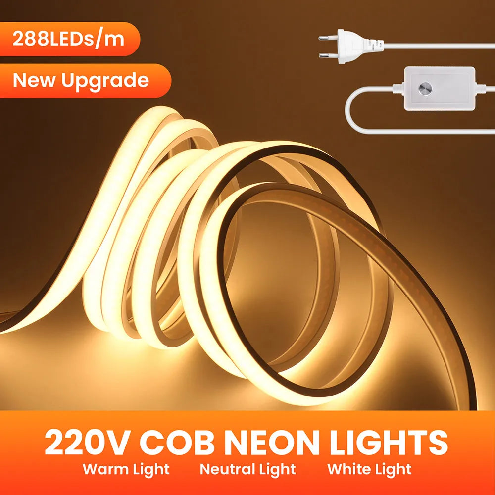 Dimmable COB LED Neon Strip Light 220V Dimmer Switch Power Kit