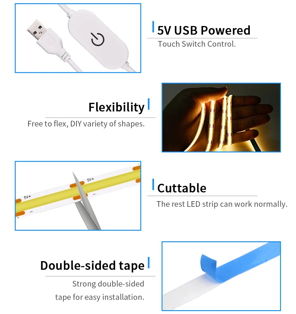 5V COB LED Strip Touch Dimmer USB Plug 320LEDs/m High Density