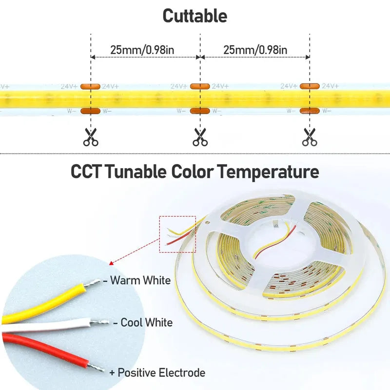 8mm Width CCT COB LED Strip Light 5V 12V 24V 2700K to 6500K Tunable