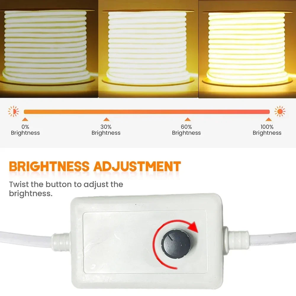 1-30M 220V COB LED Lamp Strip 288LEDs/m RA90 Outdoor IP65