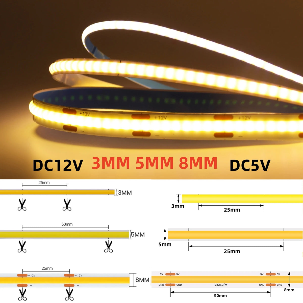 5V 12V 3MM 5MM 8MM FCOB LED Light Strips Bar Dimmable Tape