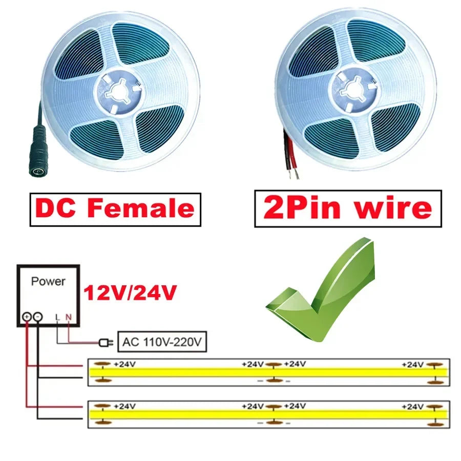 320Leds/M 8mm COB LED Strip DC 12V 24V Flexible High Bright Tape