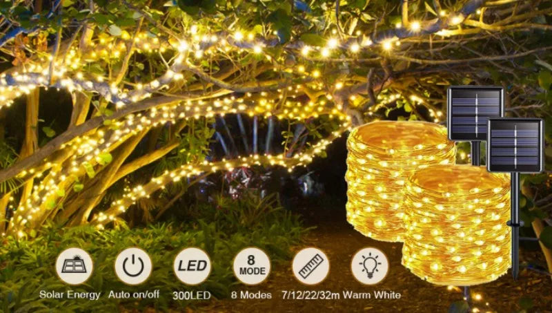300LED Solar Rope Strip Light Outdoor Fairy Light Strings