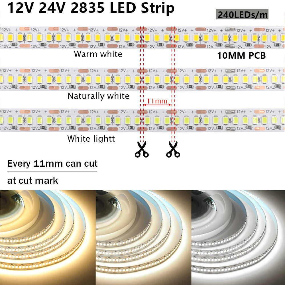 DC 5V 12V 24V Led Strip SMD 2835 120 180 240 LEDs/m Diode Tape