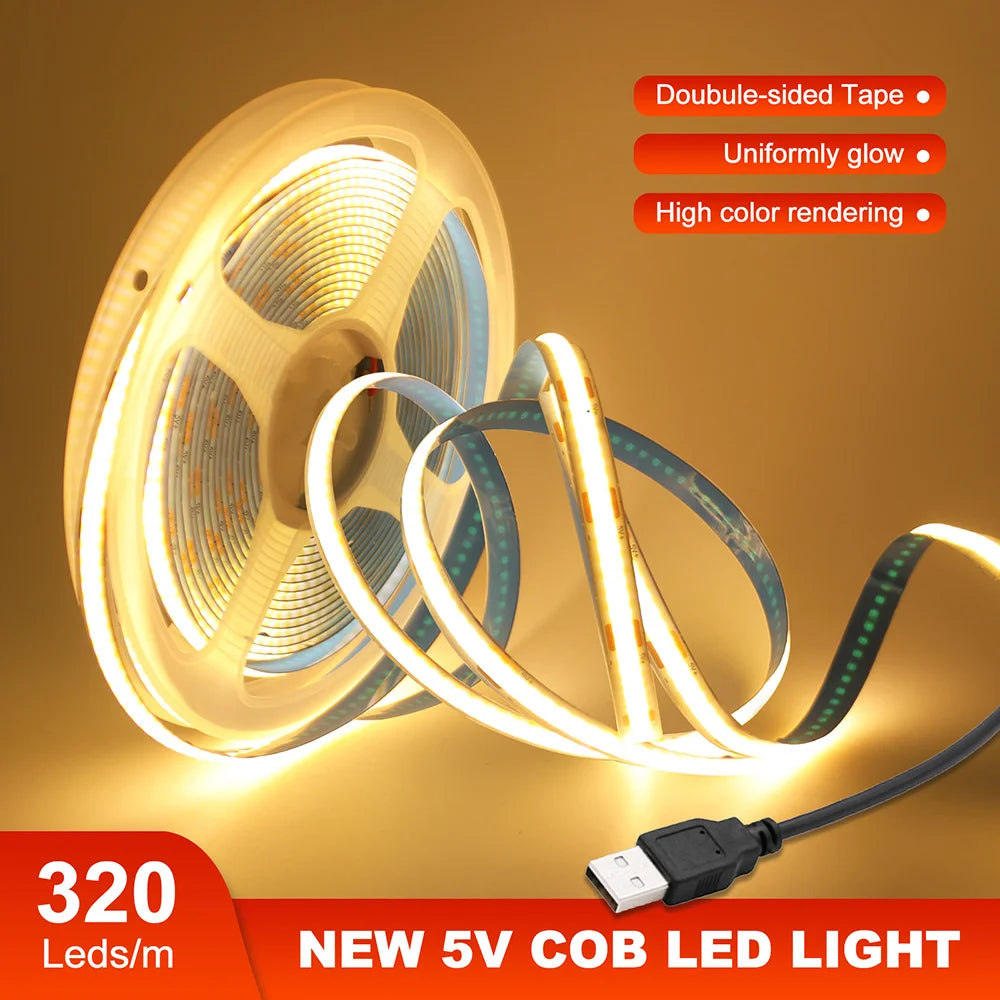 5V USB COB LED Strip Light 320LEDs Ribbon Tape Linear Lighting