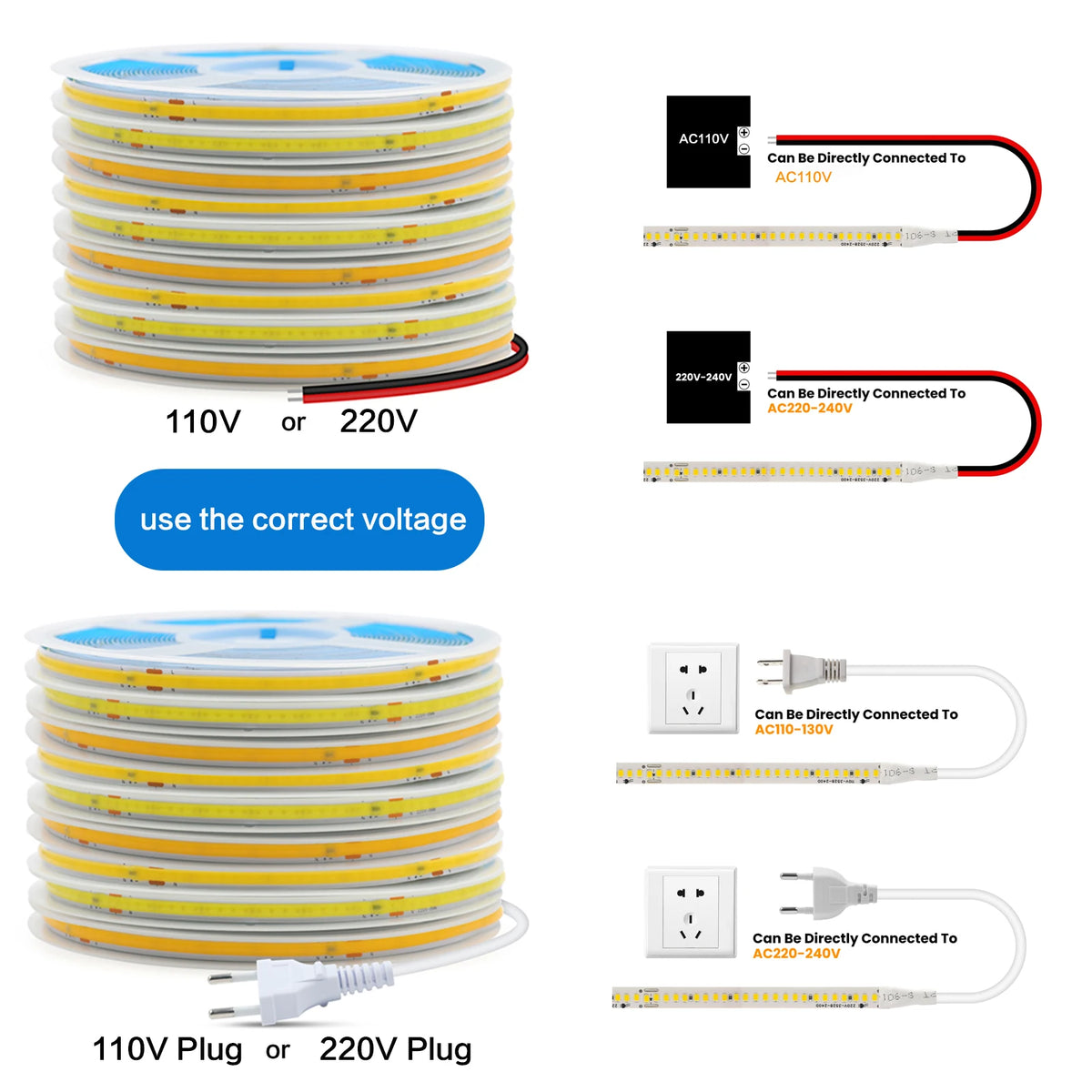 20m 15m 10m COB LED Strip Light 110V 220V 240LEDs/m CRI90 High Density Flexible