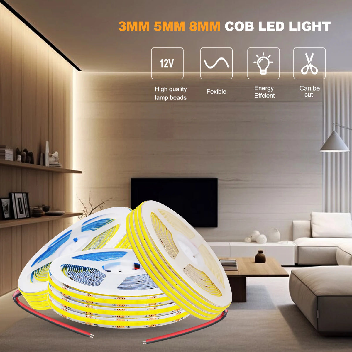 5V 12V 3MM 5MM 8MM FCOB LED Light Strips Bar Dimmable Tape