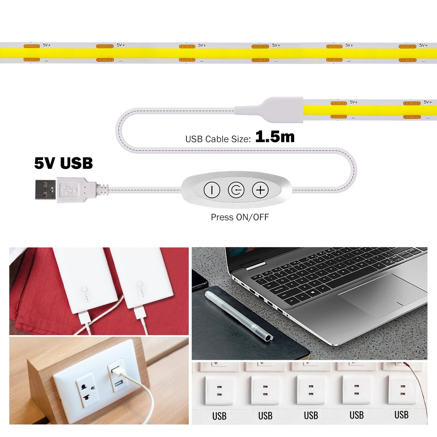 5V COB LED Light Strip With Touch Dimmer/ON OFF Switch