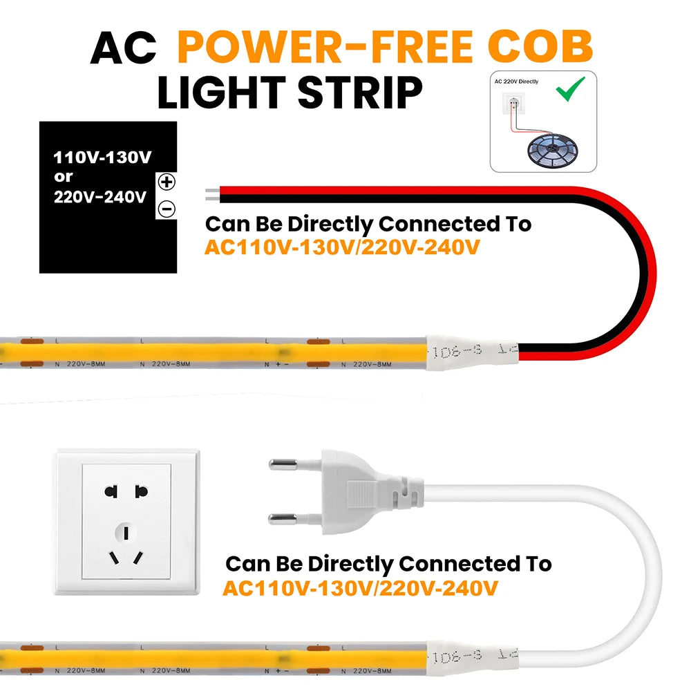 220V 110V COB LED 5m 10m 20m 50m Strip Light 2pin Power Kit