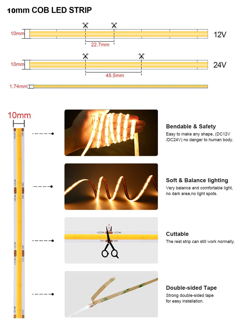 Linear Dimmable 24V 12V COB LED Strip Light For Room Decor