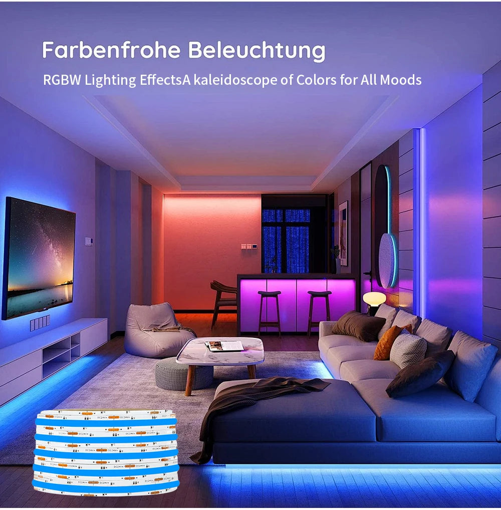 DC12V/24V RGBW COB LED Strip Light 8mm Ultra-Narrow