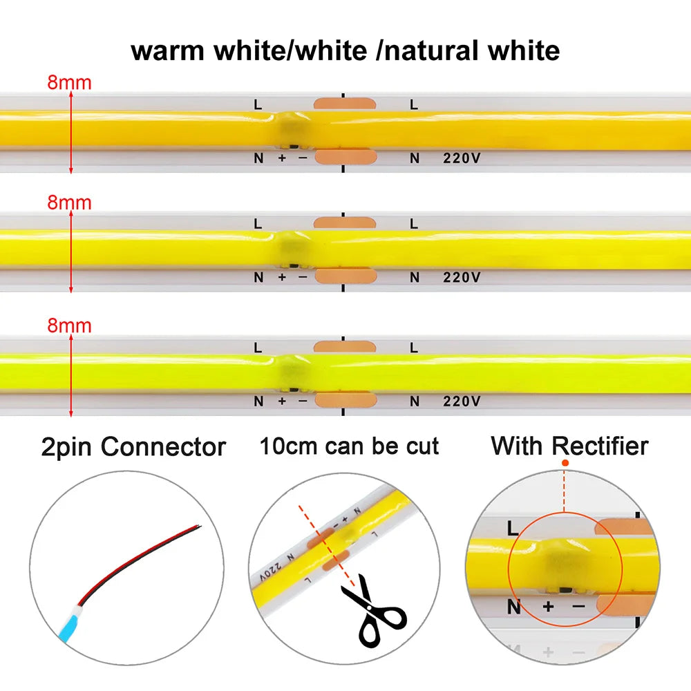 220V 110V COB LED 5m 10m 20m 50m Strip Light 2pin Power Kit
