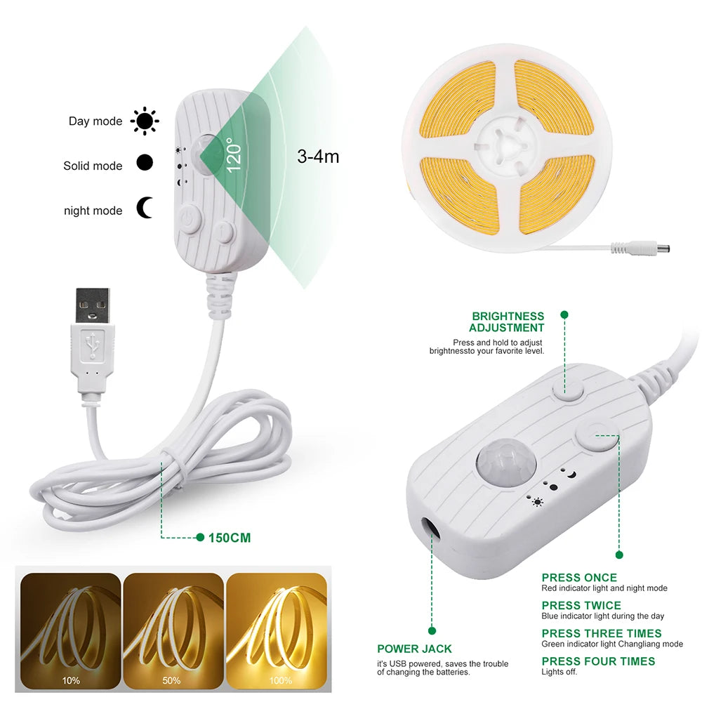 5V 3mm 5mm 8mm COB LED Strip Lights USB Motion Sensor