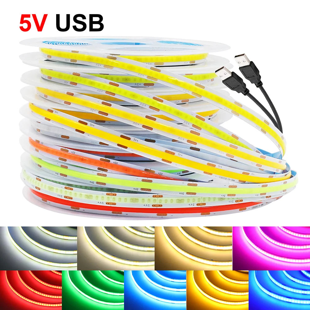 5V USB COB LED Strip Light 320LEDs Ribbon Tape Linear Lighting