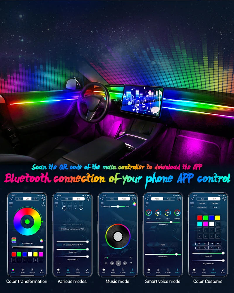 18 in 1 Car Ambient Light 64 Color Acrylic Strips App Control