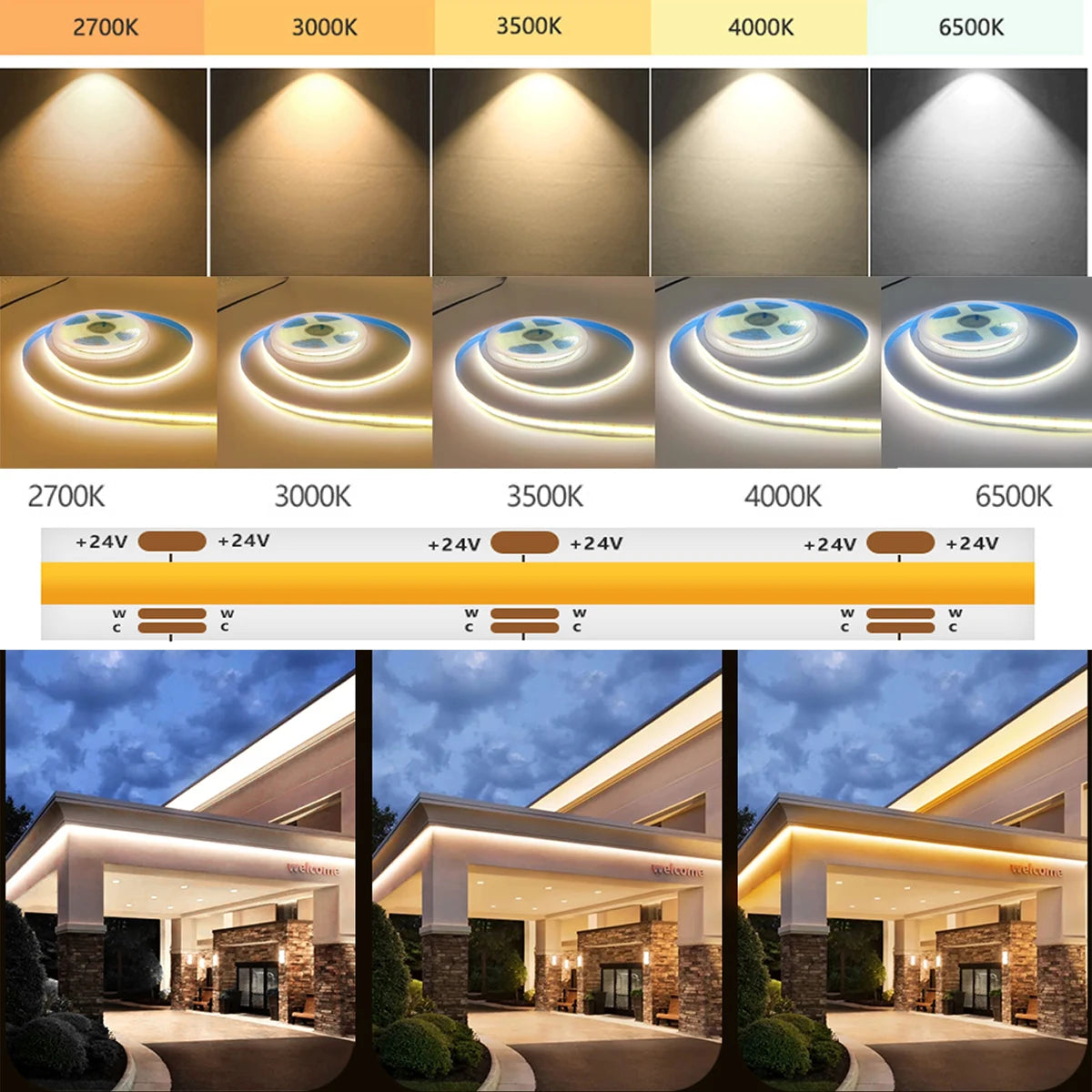 DC24V 2700K-6500K CCT COB FOB LED Strip Light 608LEDs