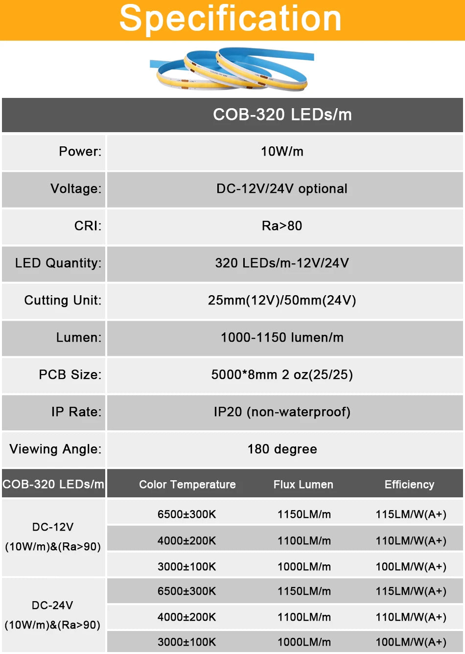 5m 10m DC12-24V COB LED Strip Lights 320LEDs/m High Density