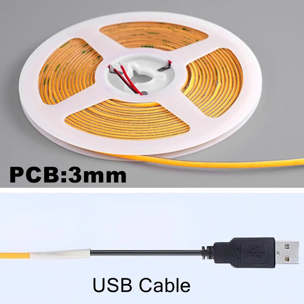3MM Ultra Thin COB LED Strip 5V Colorful Dimmable High Density Flexible Light