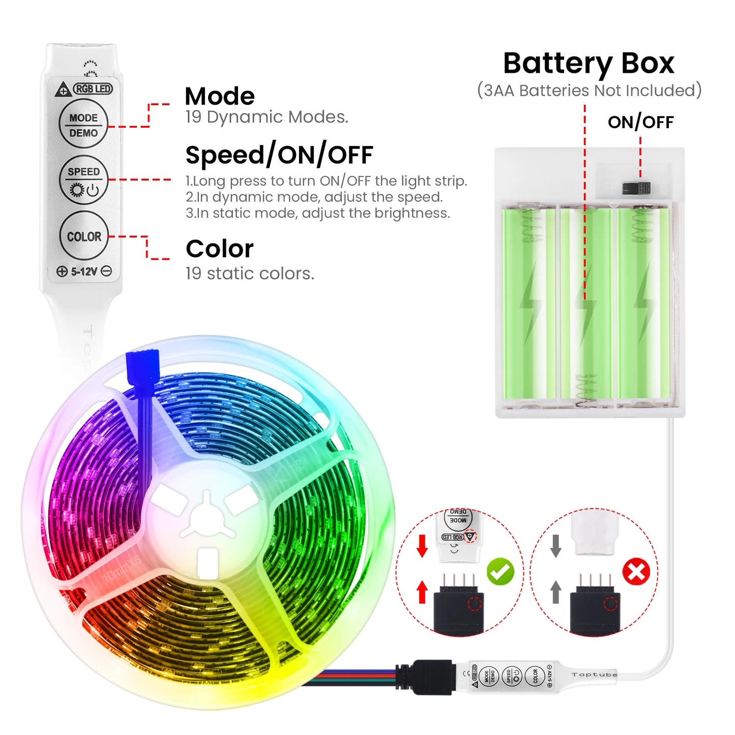 3AA Battery Power RGB Led Strip Light 5V 5050 with 3/17/24 Key