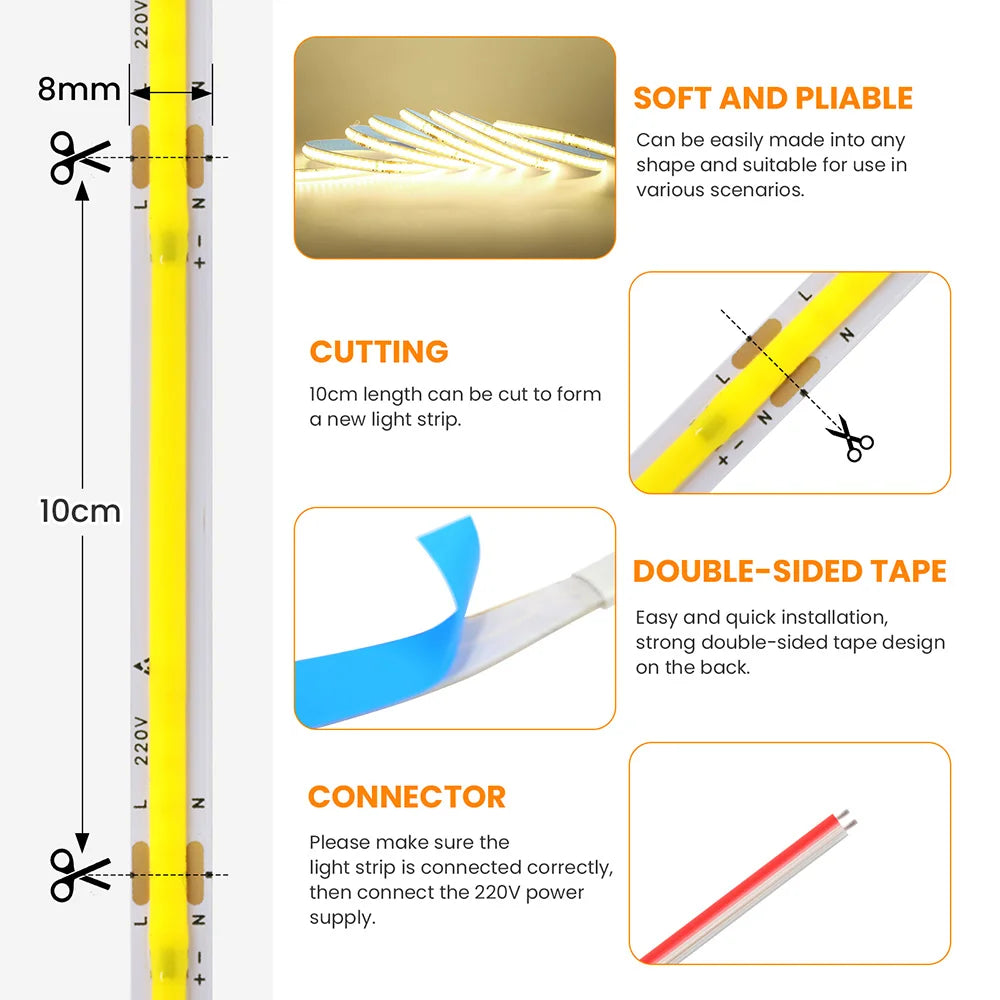 Led Strip COB 220V High Brightness Flexible Light Tape