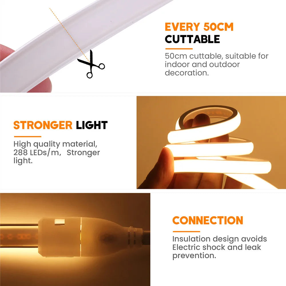 Dimmable COB LED Neon Strip Light 220V Dimmer Switch Power Kit