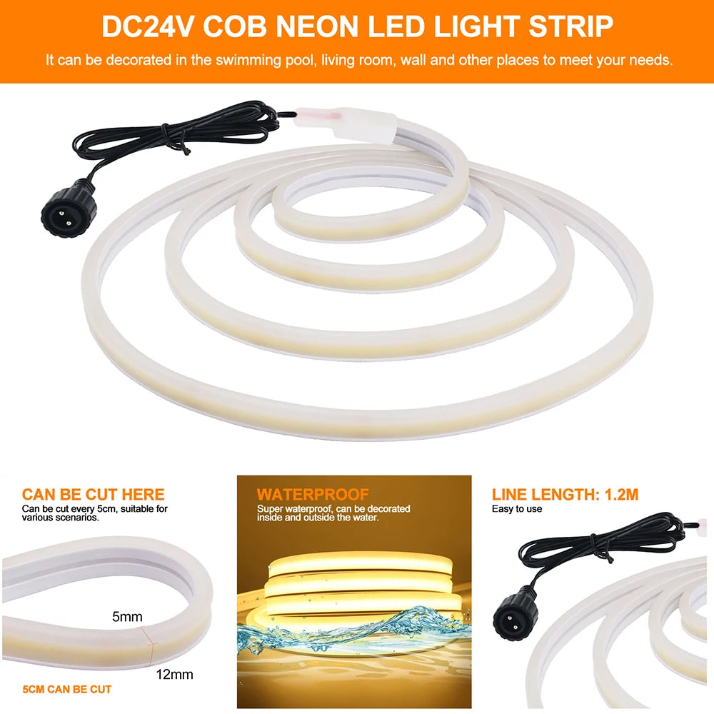 LED Neon Light Strip Solar 24V Waterproof 8 Modes 320LED