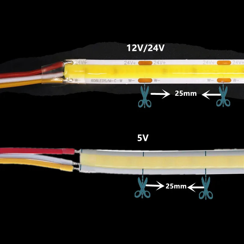 8mm Width CCT COB LED Strip Light 5V 12V 24V 2700K to 6500K Tunable