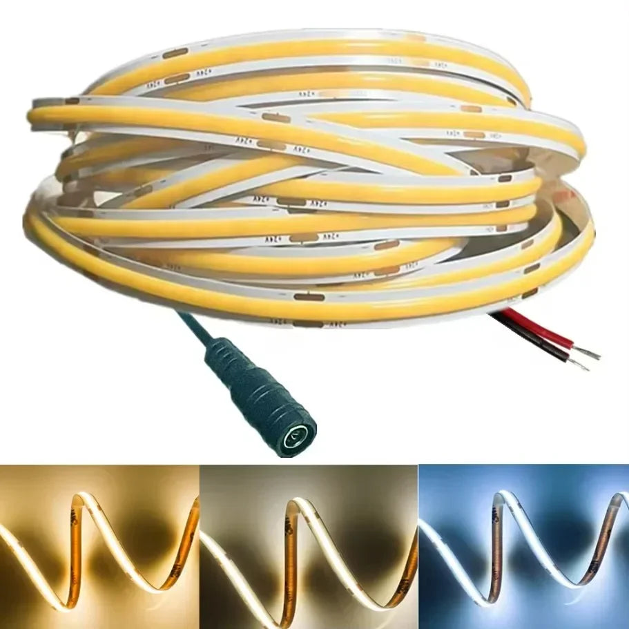 12V 24V COB LED Strip Ultra Thin 8MM Tape Light With DC Plug