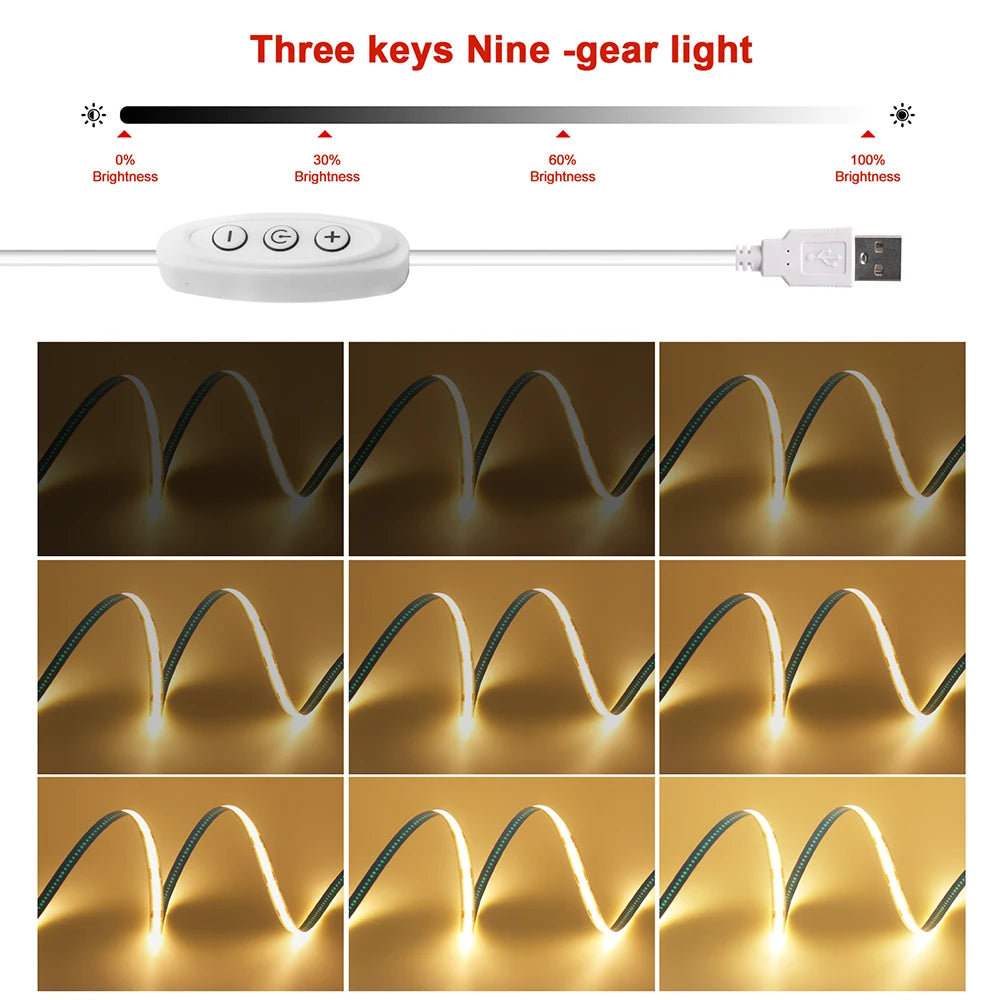 5V USB COB LED Strip Light 3Keys Touch Dimmable ON/OFF Switch