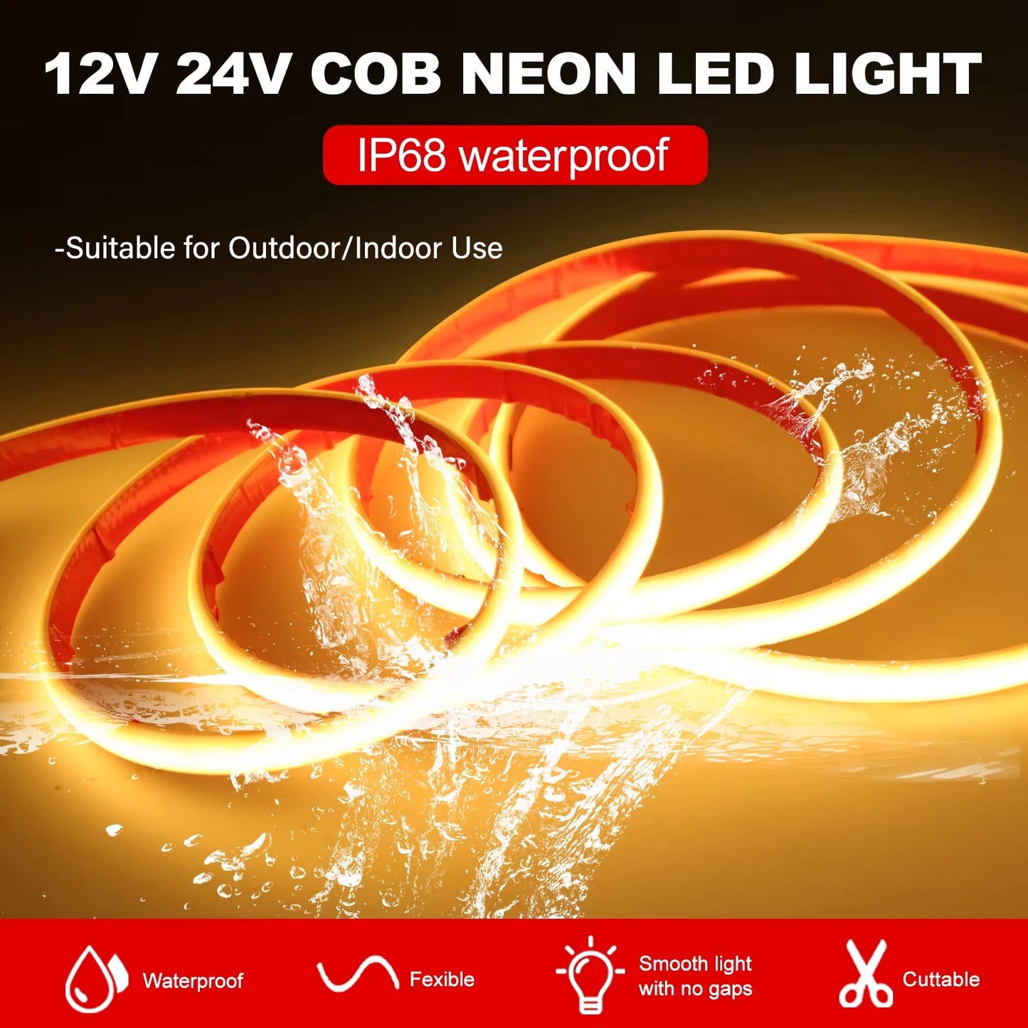 IP68 Waterproof COB LED Strip Light DC 12V 24V 320LEDs