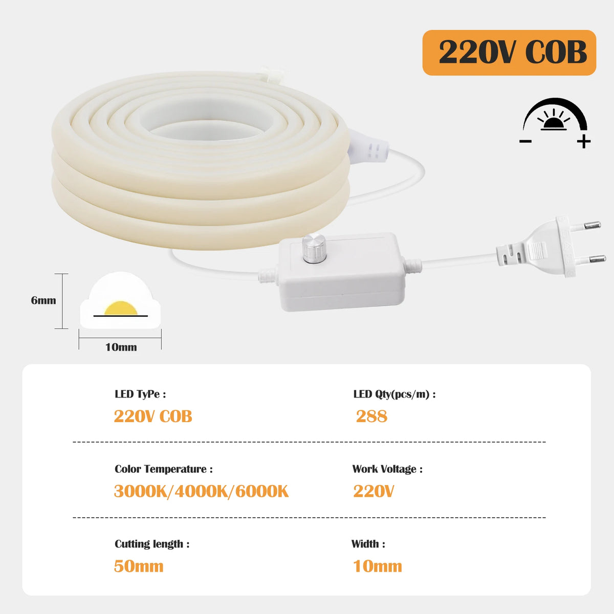220V Dimmable COB LED Neon Strip Light Outdoor Waterproof Super Bright