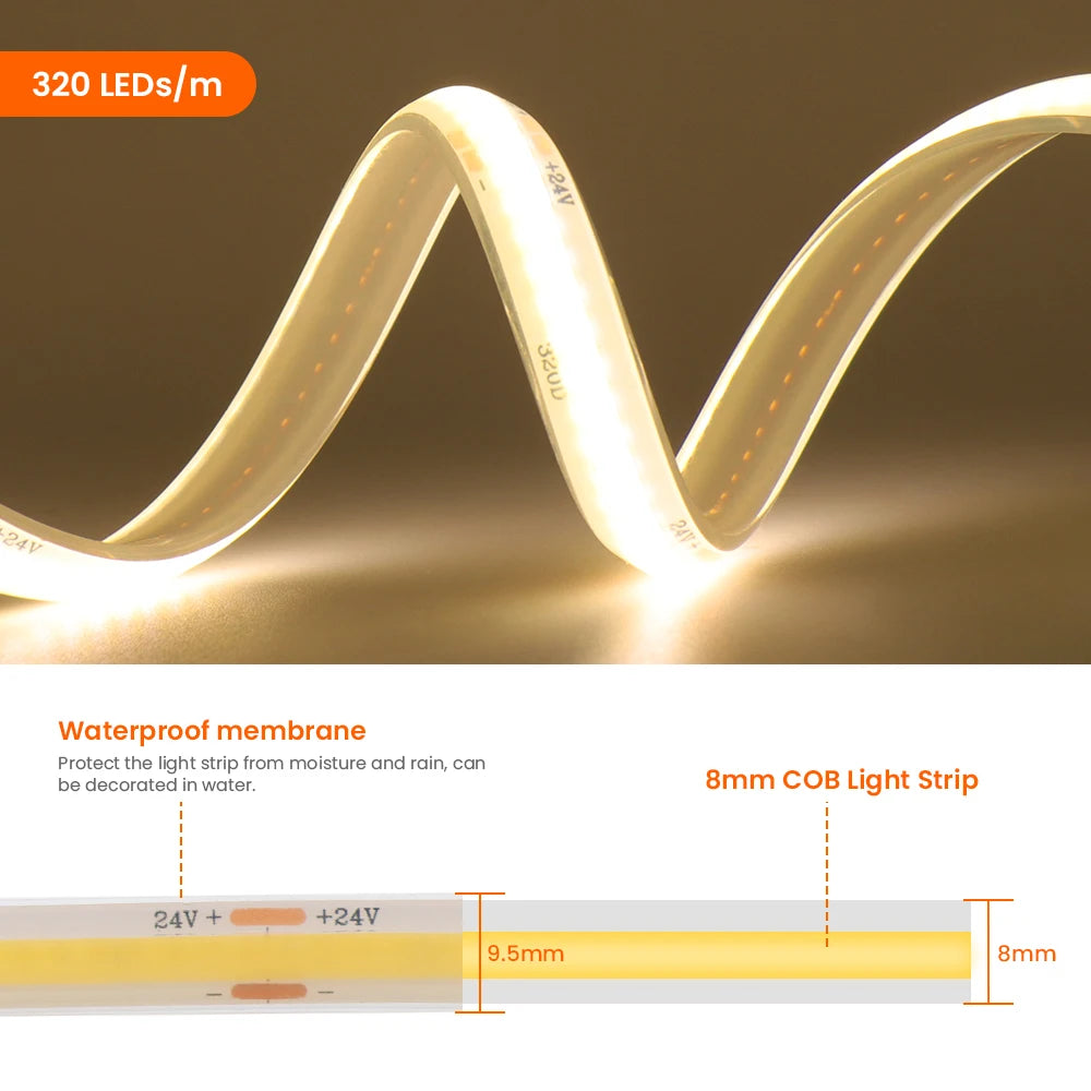 1-20M IP68 Waterproof COB LED Strip 12V 24V 320LEDs