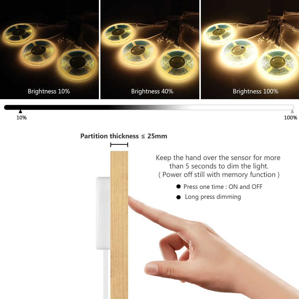 Smart Penetrable Wood COB LED Strip Touch Sensor Light