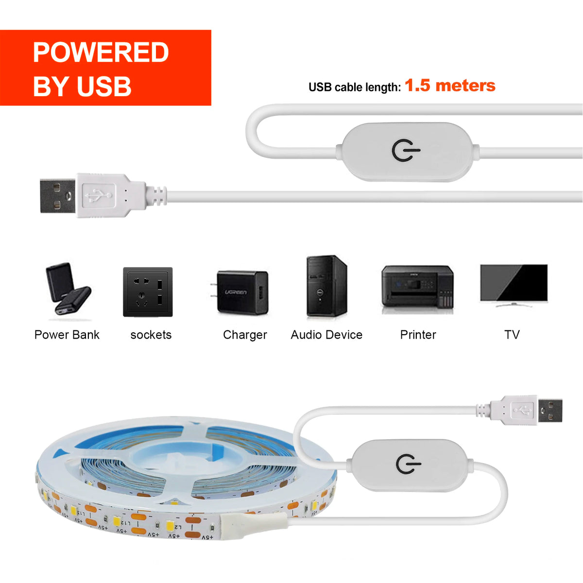 USB LED Strip Light DC5V 2835 With Dimmer/ON OFF Switch