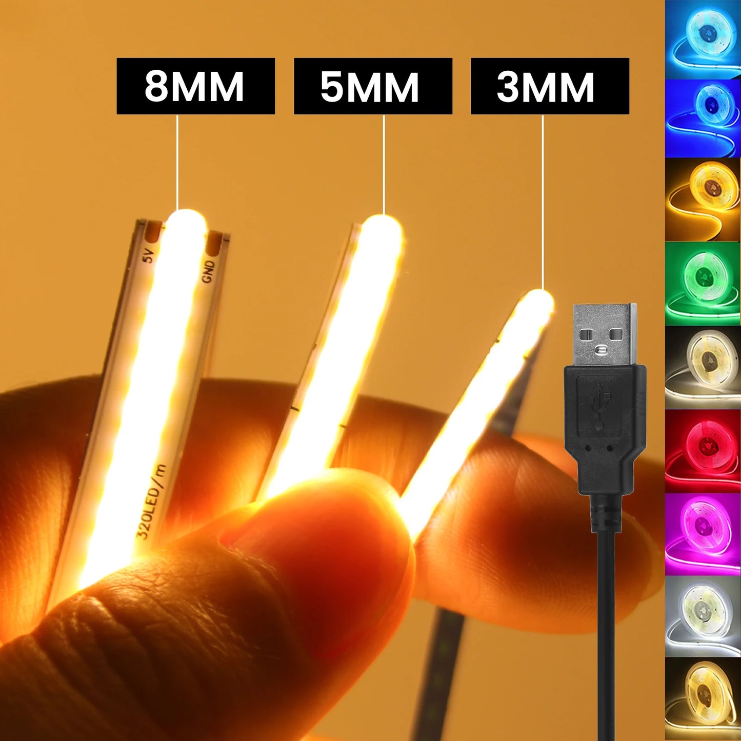 DC5V USB COB LED Strip Light 3MM 5MM 8MM Flexible LED Tape