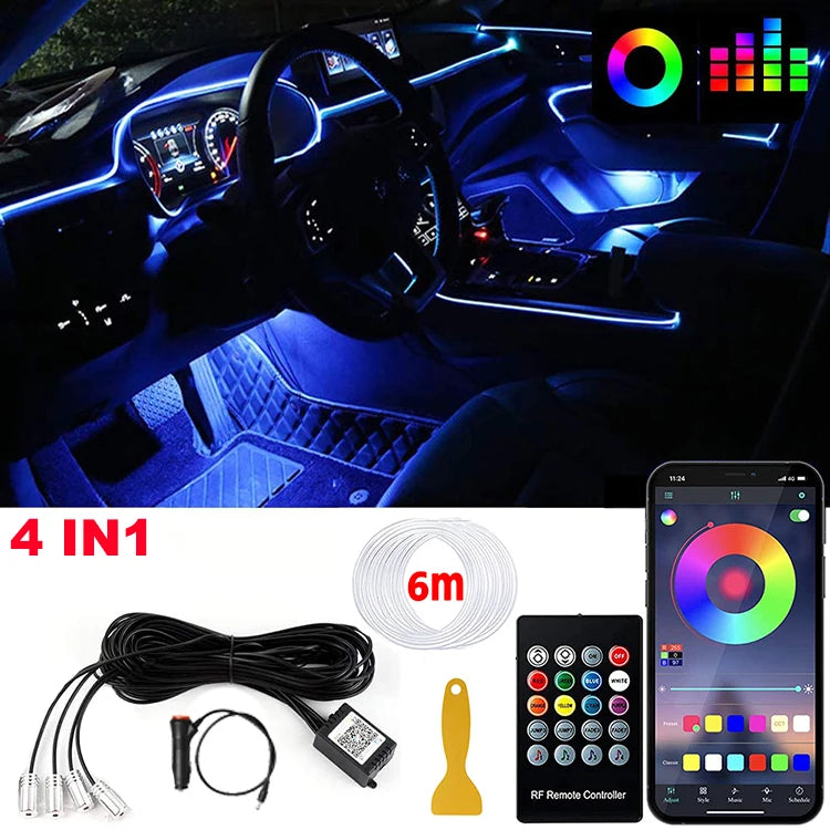 LED Car Interior Ambient Strip Lights RGB Fiber Optic Atmosphere