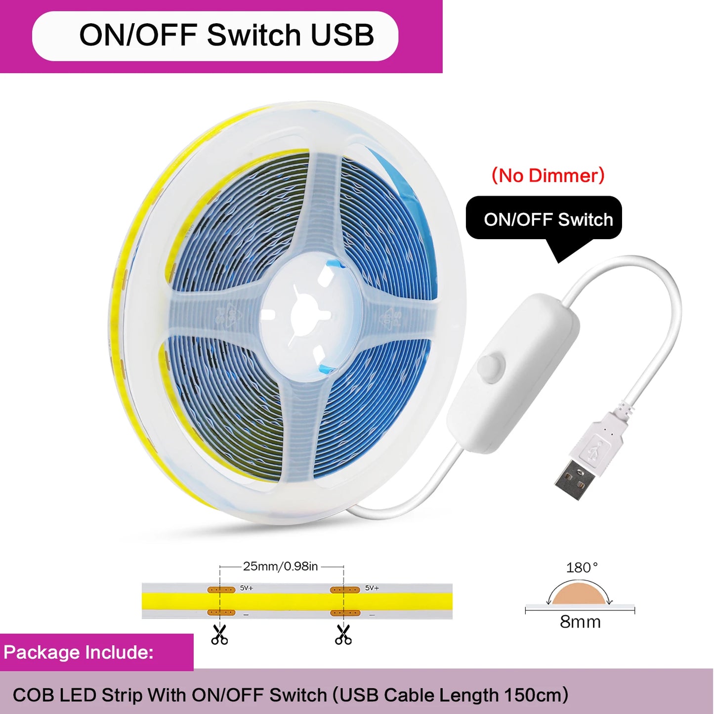 5V COB LED Light Strip With Touch Dimmer/ON OFF Switch