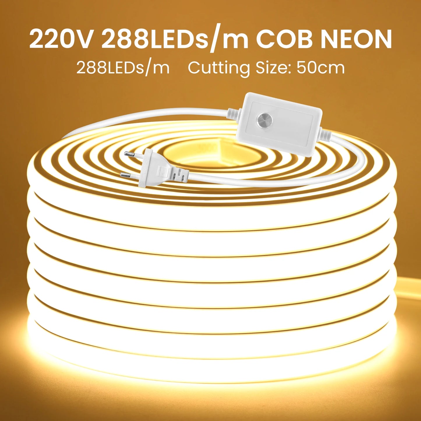 AC 220V Waterproof COB LED Strip Light With EU Switch Plug
