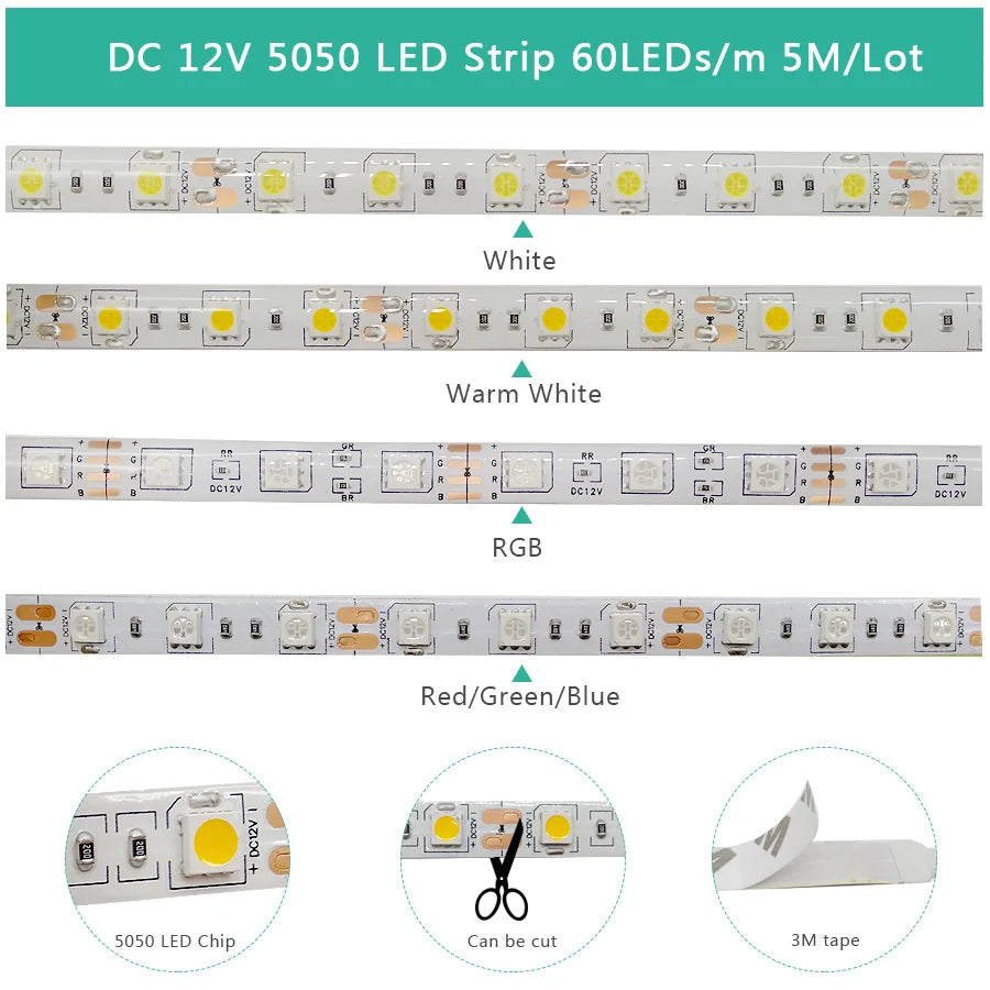 5M 12V LED Strip Light 3528 5050 SMD LED Tape RGB