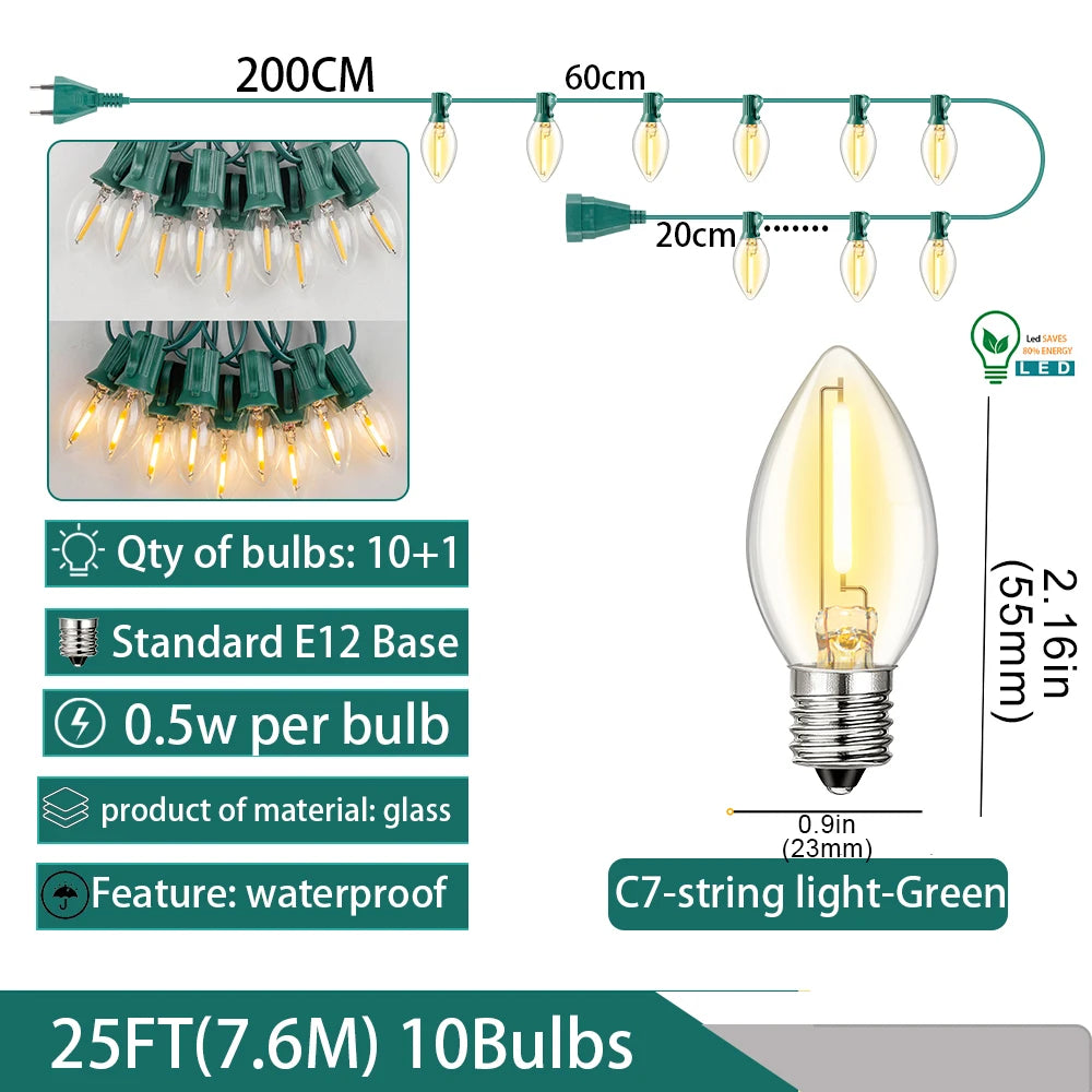 Garland C7 Candle Led String Lights Waterproof Outdoor Indoor
