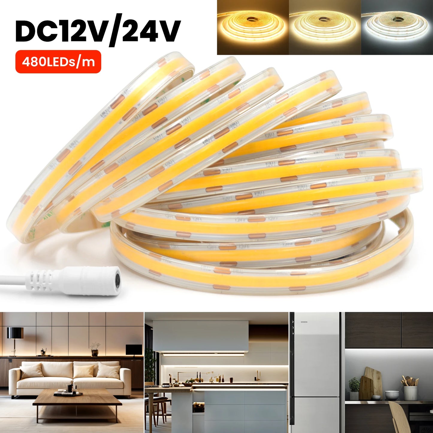 IP68 Waterproof COB LED Strip Lights 12V 24V 480Leds Diode Tape