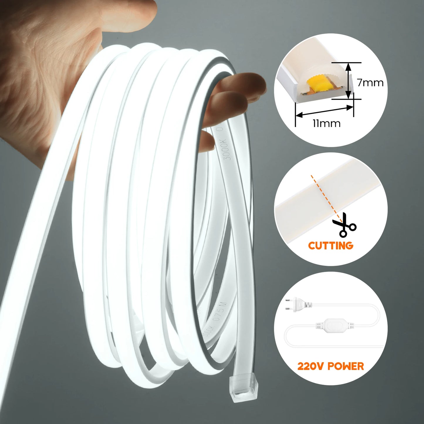 AC 220V Waterproof COB LED Strip Light With EU Switch Plug