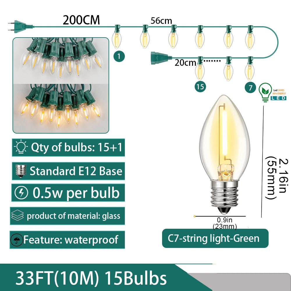 Garland C7 Candle Led String Lights Waterproof Outdoor Indoor