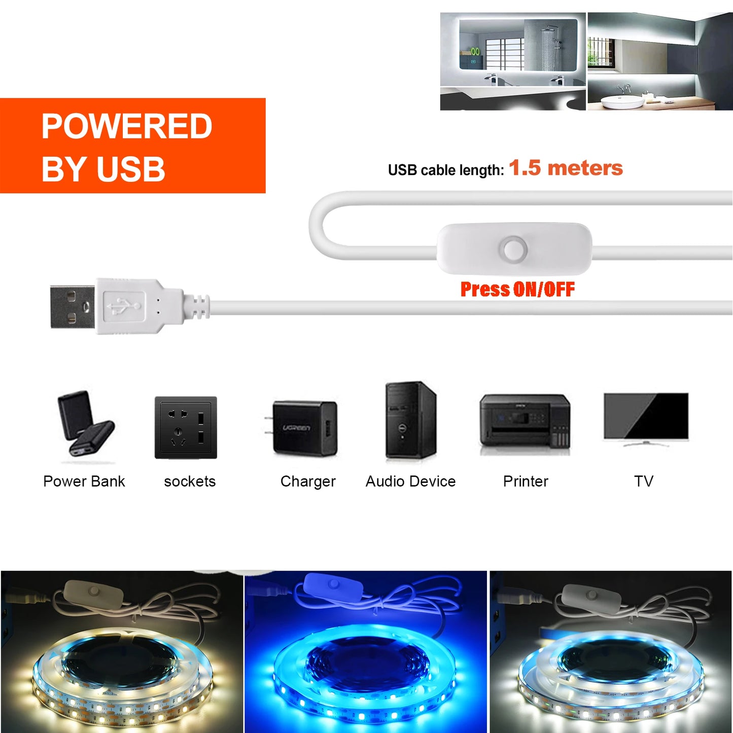 USB LED Strip Light DC5V 2835 With Dimmer/ON OFF Switch