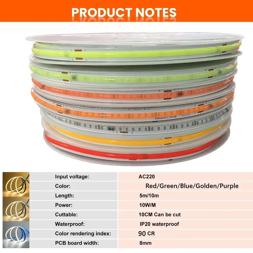 220V COB LED Strip 0.5M-10M Flexible Tape Light Smart