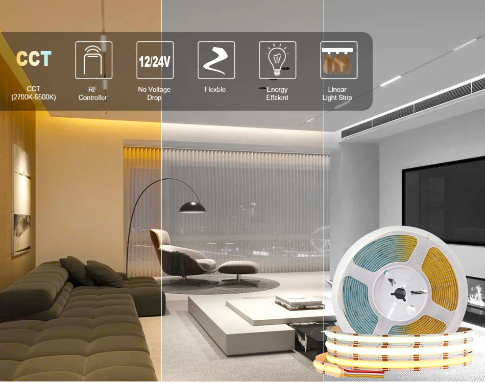 COB CCT LED Strip Lights 608 LEDs/m High Density Flexible Dimmable